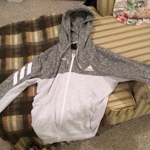Adidas zip hoodie half gray and white with three stripes logo on the arm